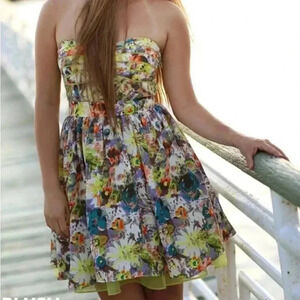 Minuet Floral Sweetheart Fit and Flare Dress, Blue/Green/Purple, Size Medium